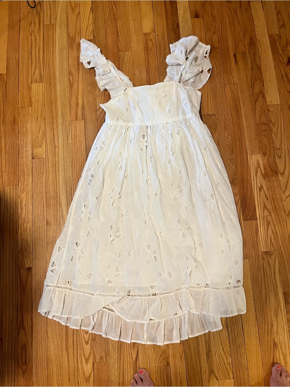 White Eyelet Ruffle Strap Midi Dress